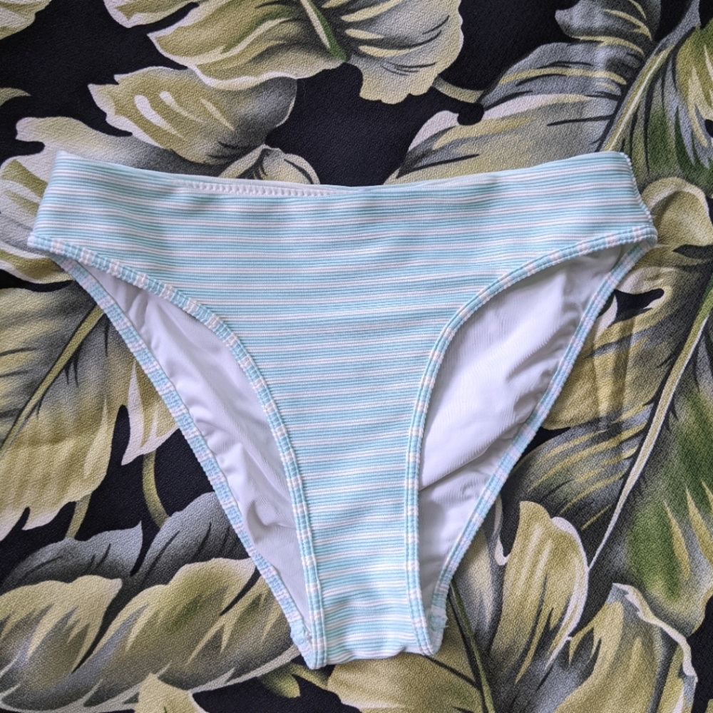 L Space Bitsy Bikini Bottom Blue White Spearmint Stripe Ribbed Size XS